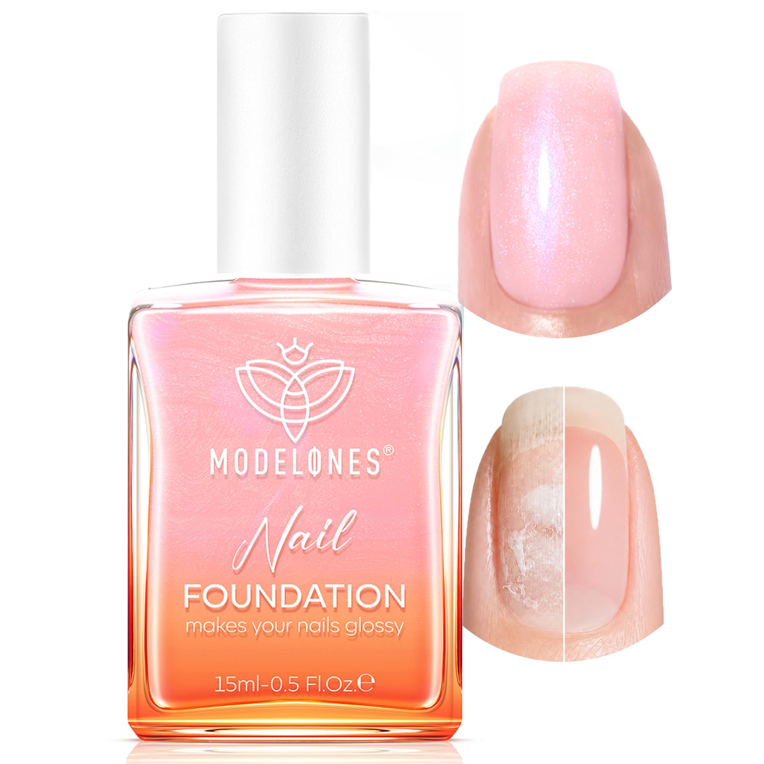 modelones Nail Strengthener, Sparkle Pink Nail Polish Nail Repair for Damaged Nails Hardener Air Dry Nail Growth Natural Toenails & Nail Concealer Foundation Gifts for Women 15ml
