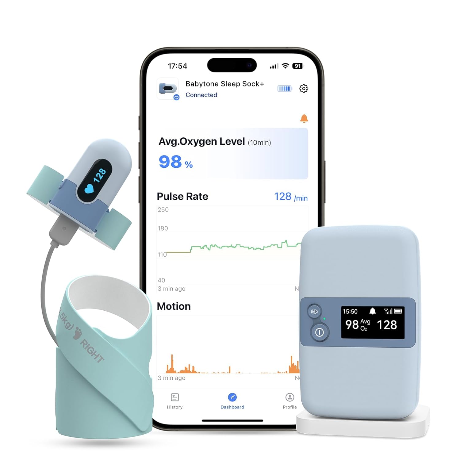 Babytone Baby Sleep Monitor with Base Station, Smart Sock Foot Monitor with App, Tracks Heart Rate, Movement and Average Oxygen Level, Fits Newborn 0 to 36 Months Old (Baby Sleep Sock +)