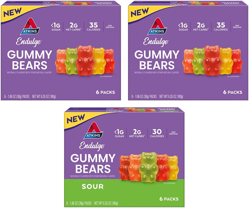 Atkins Endulge Gummy Bears Variety Pack, Low Sugar, Keto Friendly, Keto Sweet Treats, 18 Pack (12 Sweet Gummy Bears, 6 Sour Gummy Bears)