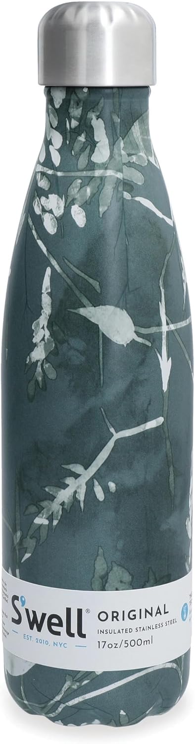 S'well Stainless Steel Water Bottle 17 Ounces Green Foliage Triple Layered Vacuum Insulated Containers Keeps Drinks Cold for 36 Hours and Hot for 18 Perfect for On The Go