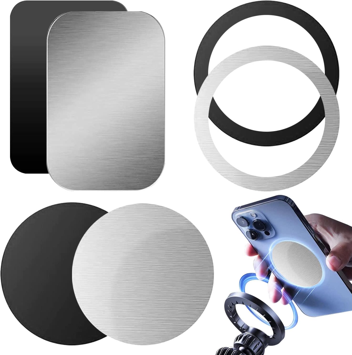 Metal Plate for Phone, 6 Packs Self Adhesive Thin Metal Plate For Magnetic Car Phone Holder Universal Car Mount Phones Plate Replacement Accessory for Automobile Phones Magnet Sticker(Black/Silver)