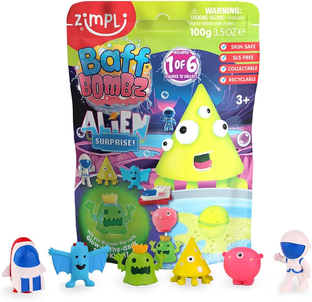 Zimpli Kids Large Alien Surprise Baff Bombz, The Bath Bomb contains 1 of 6 Surprise Alien Toys to Collect, Mystery Toys for Boys & Girls, Collectible Toy, Party Bag Favours Fillers, Novelty & Gag Toys
