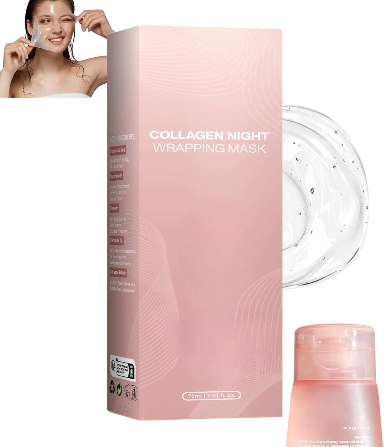 Collagen Night Wrapping,Collagen Face Mask,Peel Off Facial Mask,Face Care,Overnight Wrapping Mask for Dry & Dehydrated Skin,Brush Included,75ML