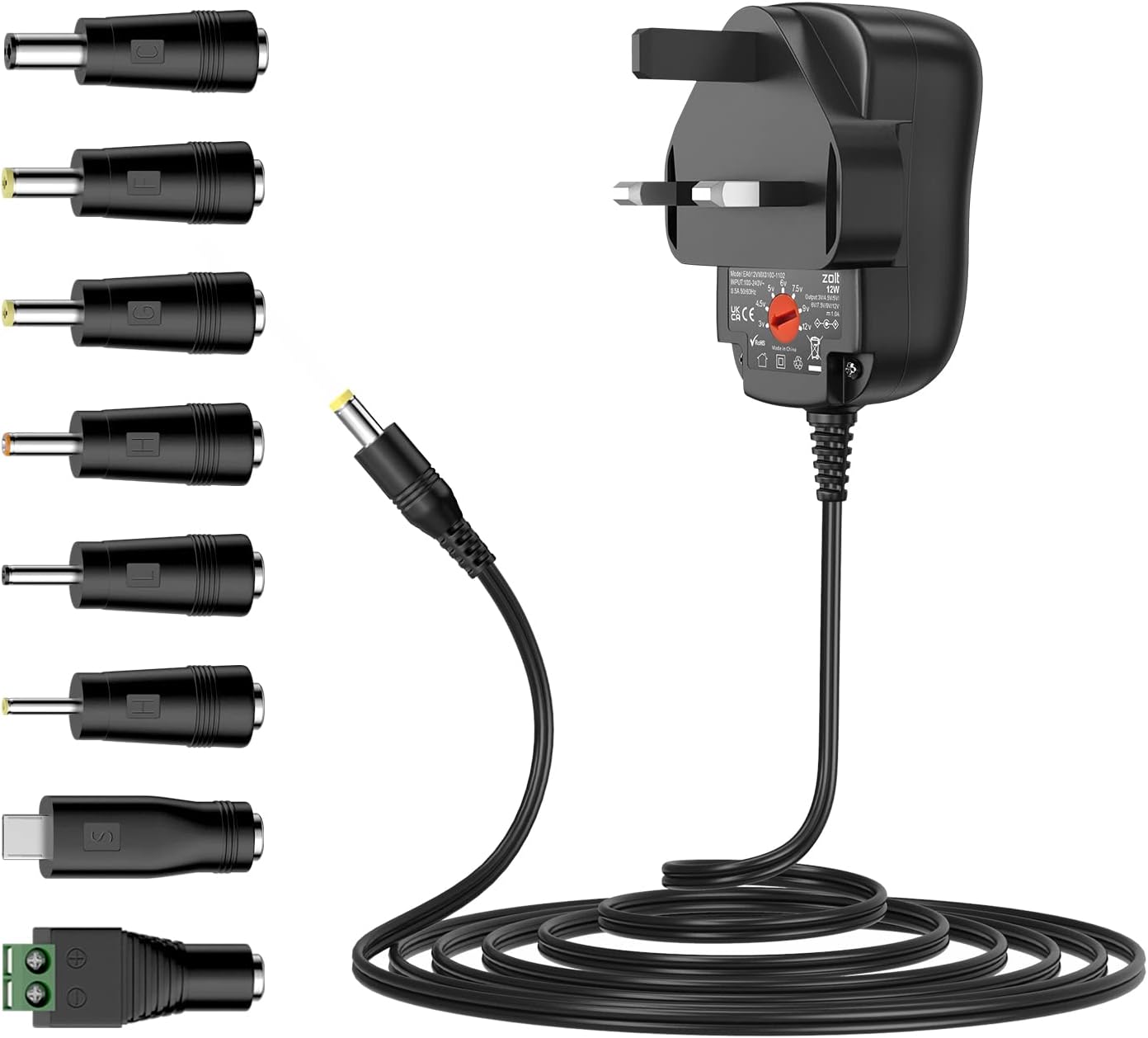 Zolt 12W Universal Power Adapter 3V 4.5V 5V 6V 7.5V 9V 12V Power Supply AC DC Adaptor for Household Electronics, 1A Max.