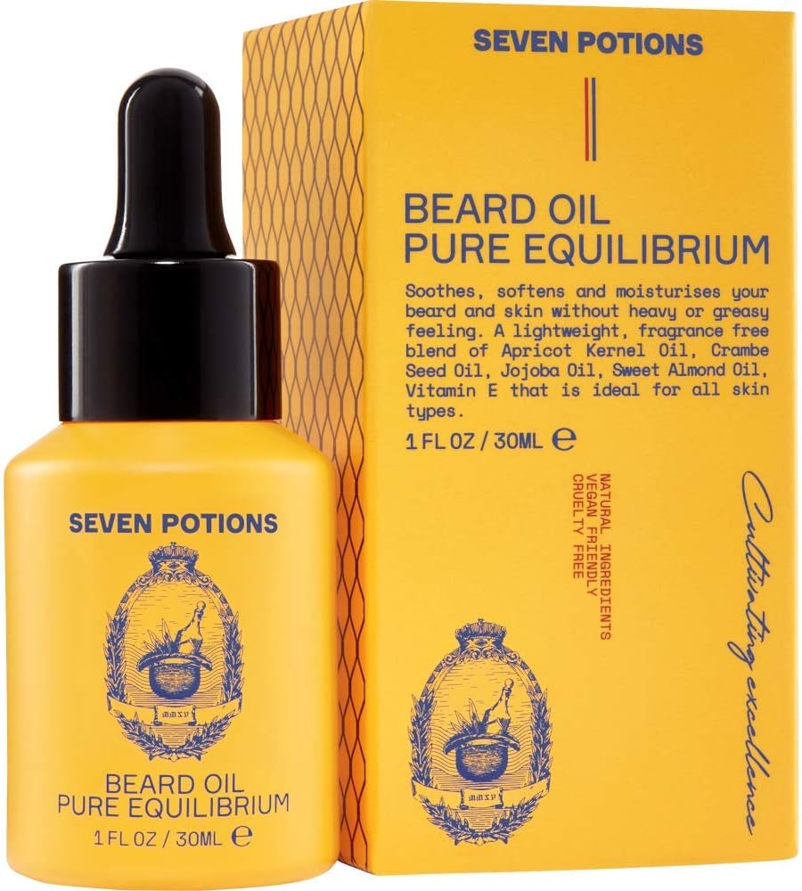 SEVEN POTIONS Natural Beard Oil for Men 1 FL OZ / 30ml — Fragrance Free & Unscented Beard Softener & Conditioner — Vegan Conditioning Oil That Helps Prevent Itch & Dandruff (Pure Equilibrium)