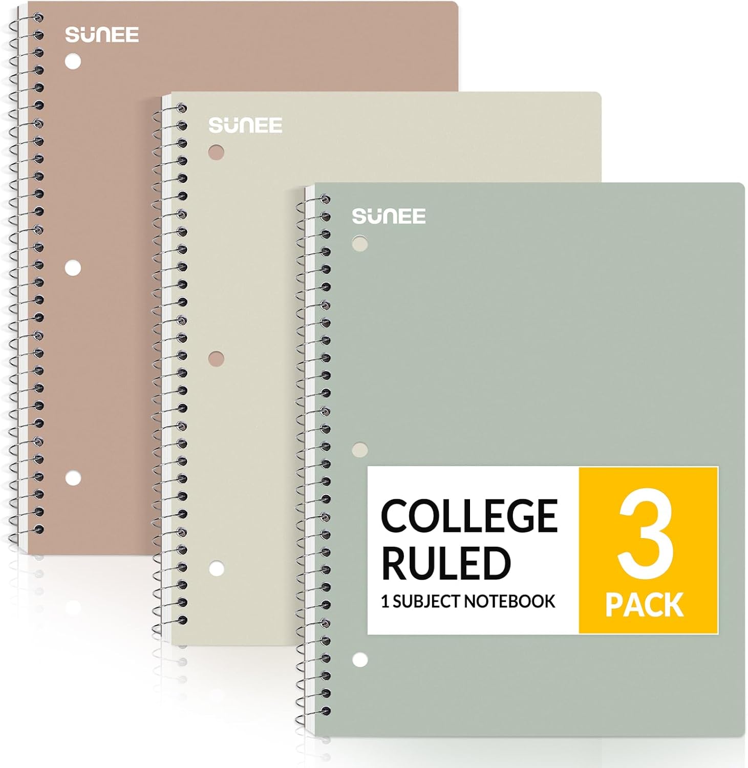 SUNEE Spiral Notebooks, 3 Pack, 1-Subject, College Ruled Paper, 8" x 10-1/2", 70 Sheets per Notebook, Assorted Aesthetic Colors Spiral Notebooks for School