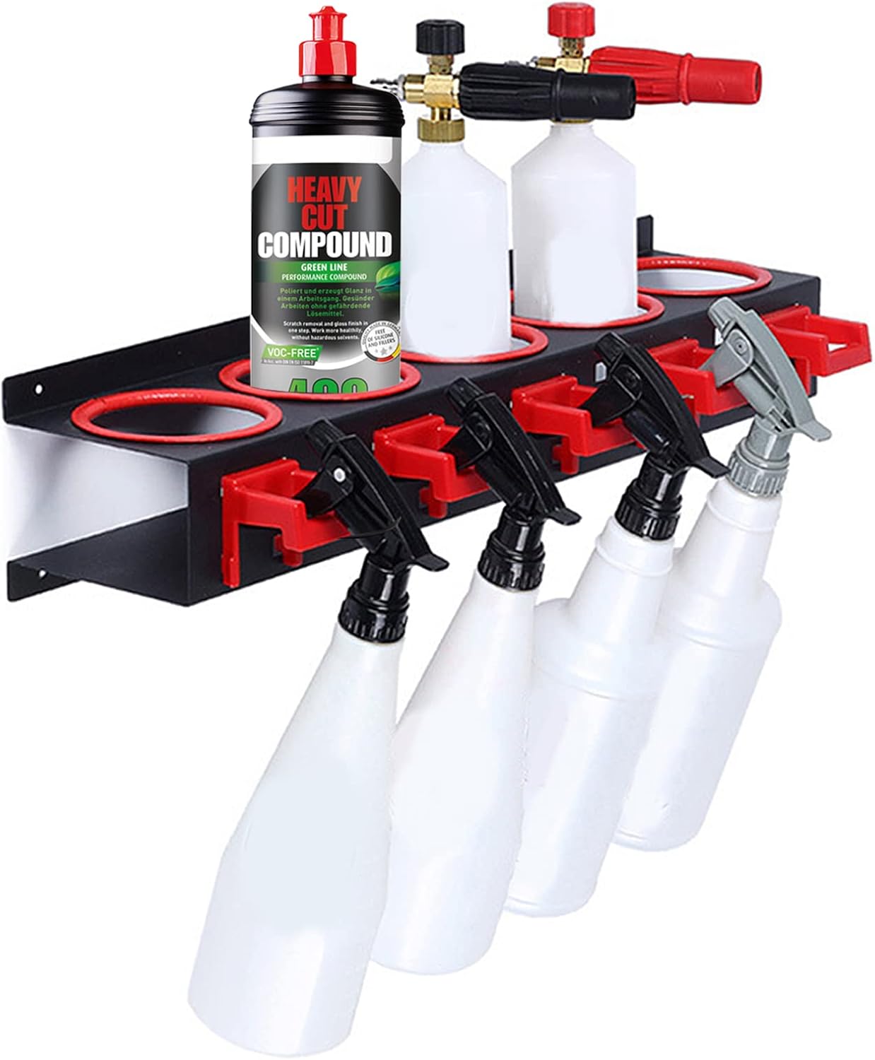 Spray Bottle Holder Wall-mounted,70lb Capacity Cold-Rolled Steel Organizer with 5 Non-Slip Hooks for Car Detailing Tools, Garage Storage & Auto Shop Accessories (Fits 16-40oz Spray Bottles)