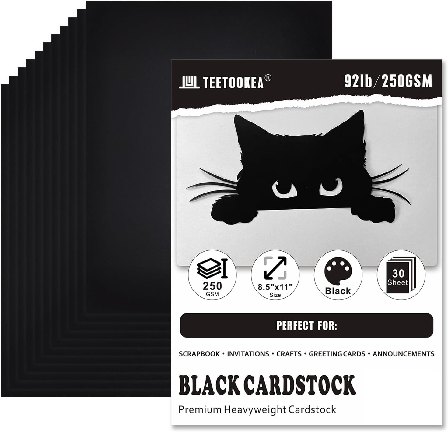 30 Sheets Black Cardstock, 8.5 x 11 Card Stock, 92lb/250gsm Thick Cover Stock, Heavyweight Printer Paper for Invitations, Scrapbooking, Crafting, DIY Projects, Decoration and Drawing