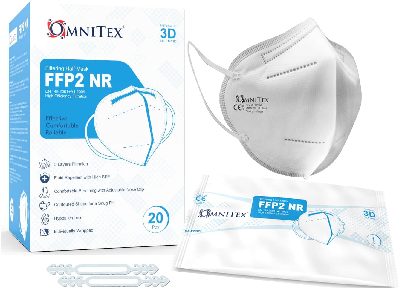Omnitex FFP2 Face Mask - Box of 20, Individually Wrapped | High Filtration - 5 Layers | EN149 CE Certified | Hypoallergenic | Fluid Resistant | Ear Loops & Adaptable Nose Bridge | 5X Extenders