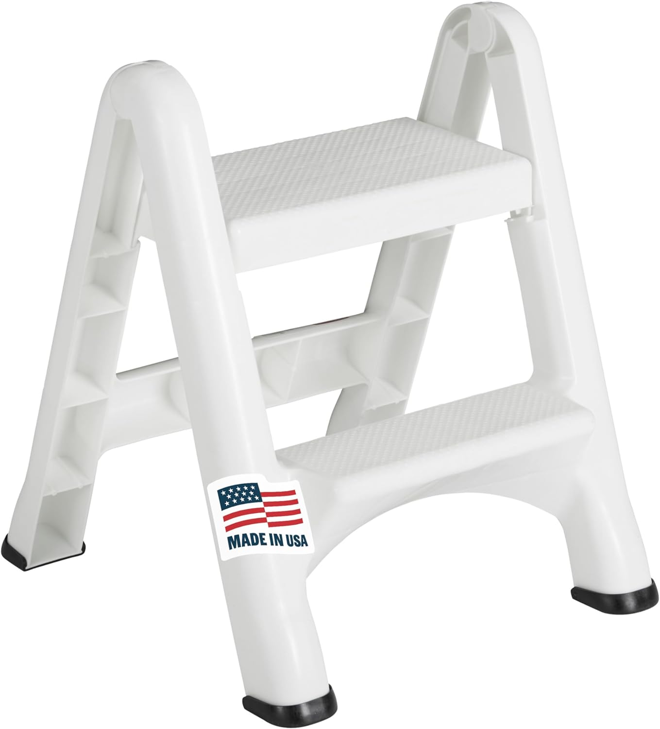 Rubbermaid Two-Step Folding Foot Stool 14-Inch High White 300 Pound Capacity Small Step Stool for Adults/Kids for Use in Library/Kitchen/Bathroom/Garage/Closet