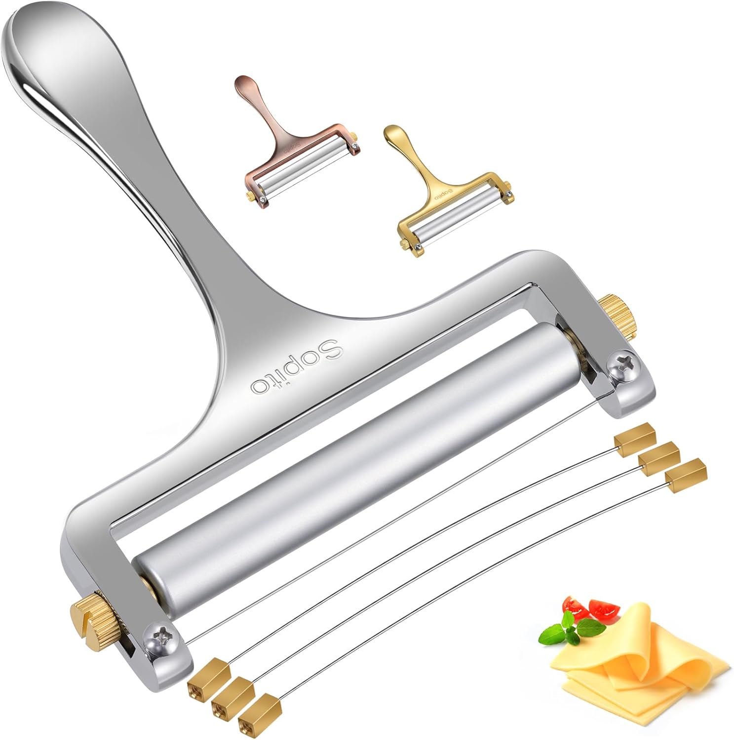 Sopito Stainless Steel Wire Cheese Slicer With 3 Extra Wires Adjustable Thickness, Handheld Cheese Block Cutter for Cheddar, Gruyere, Raclette, Mozzarella