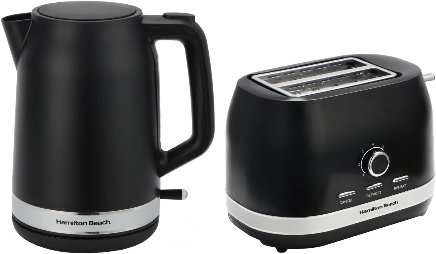 Hamilton Beach Kettle and Toaster Set, Ella, 1.7L Kettle, 2 Slice Toaster, Boil Dry Protection, Removable Filter, 7 Browning Levels, Removable Crumb Tray, Black - HBELLAMB