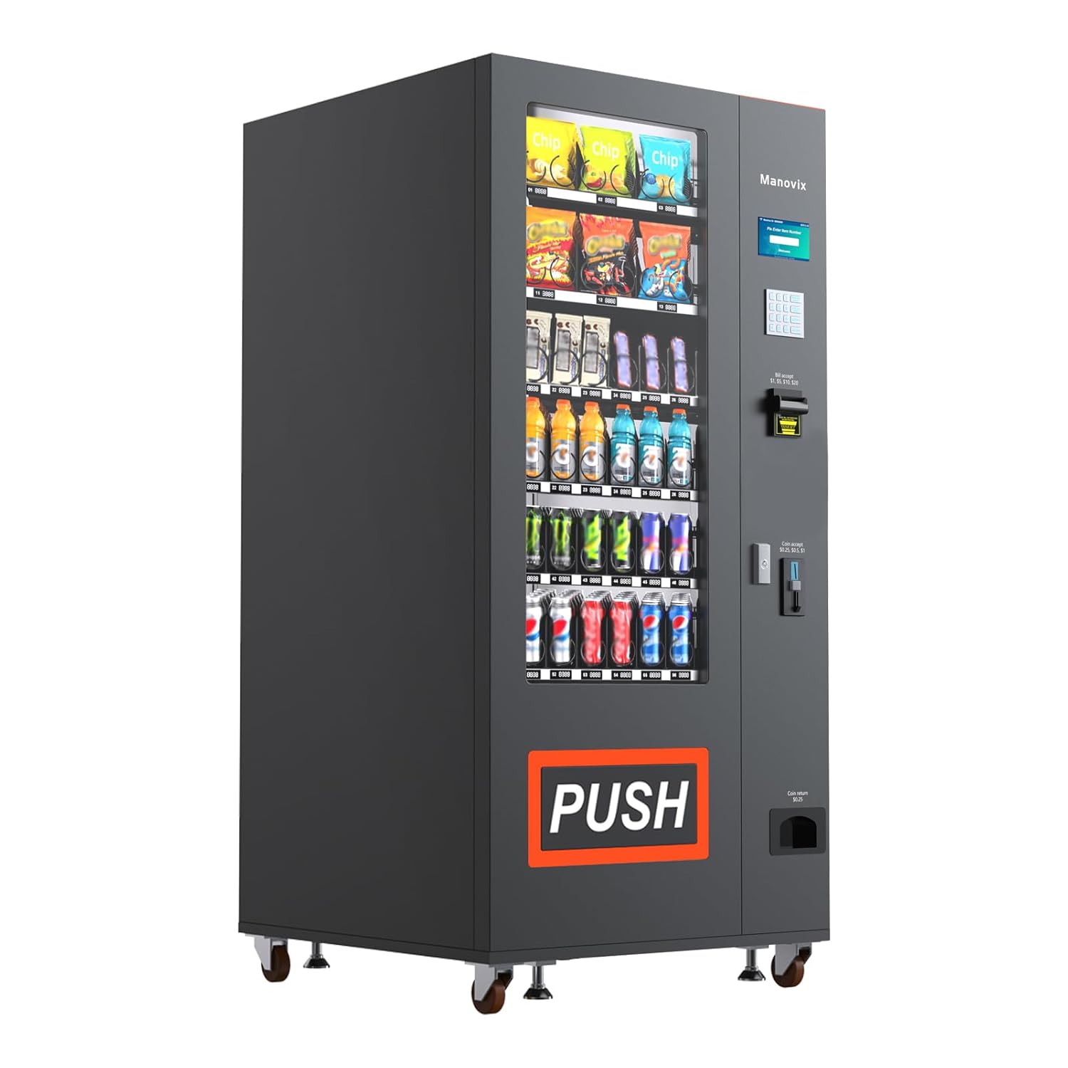 Manovix Refrigerated Beverage Snack Combo Vending Machine for Business, 36 Slots Snacks Drink Commercial Vending Machine Durable Cold Soda Vending Machine with Bill and Coin Acceptor