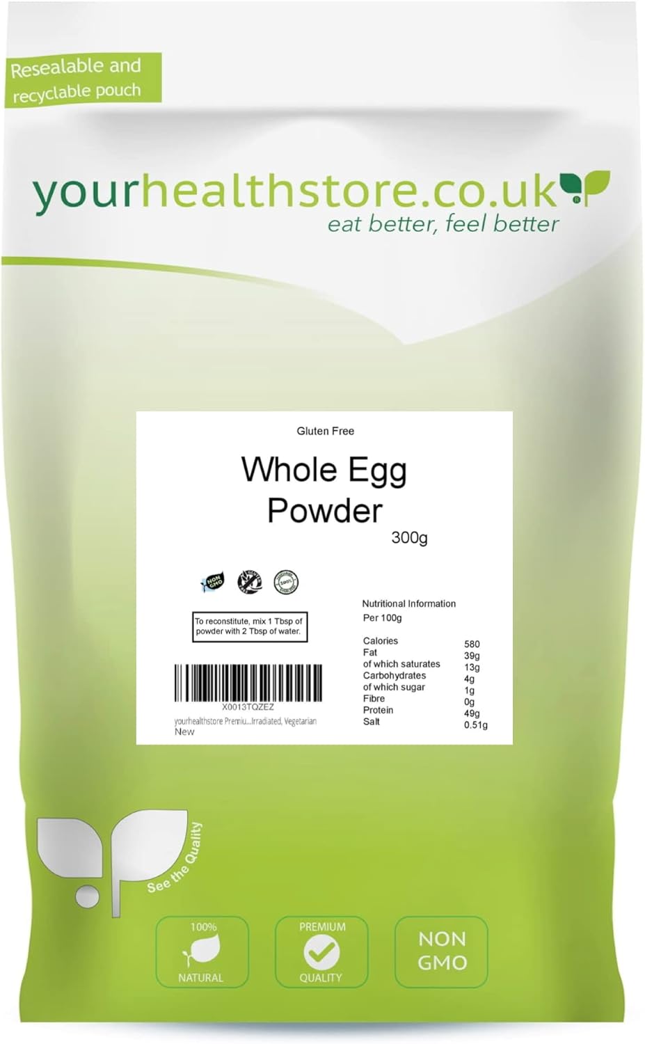 yourhealthstore Premium Whole Egg Powder 300g, Free Range, Perfect for Scrambled Eggs, No Additives, Not Irradiated, Vegetarian, Non GMO Gluten Free, 100% Pure.