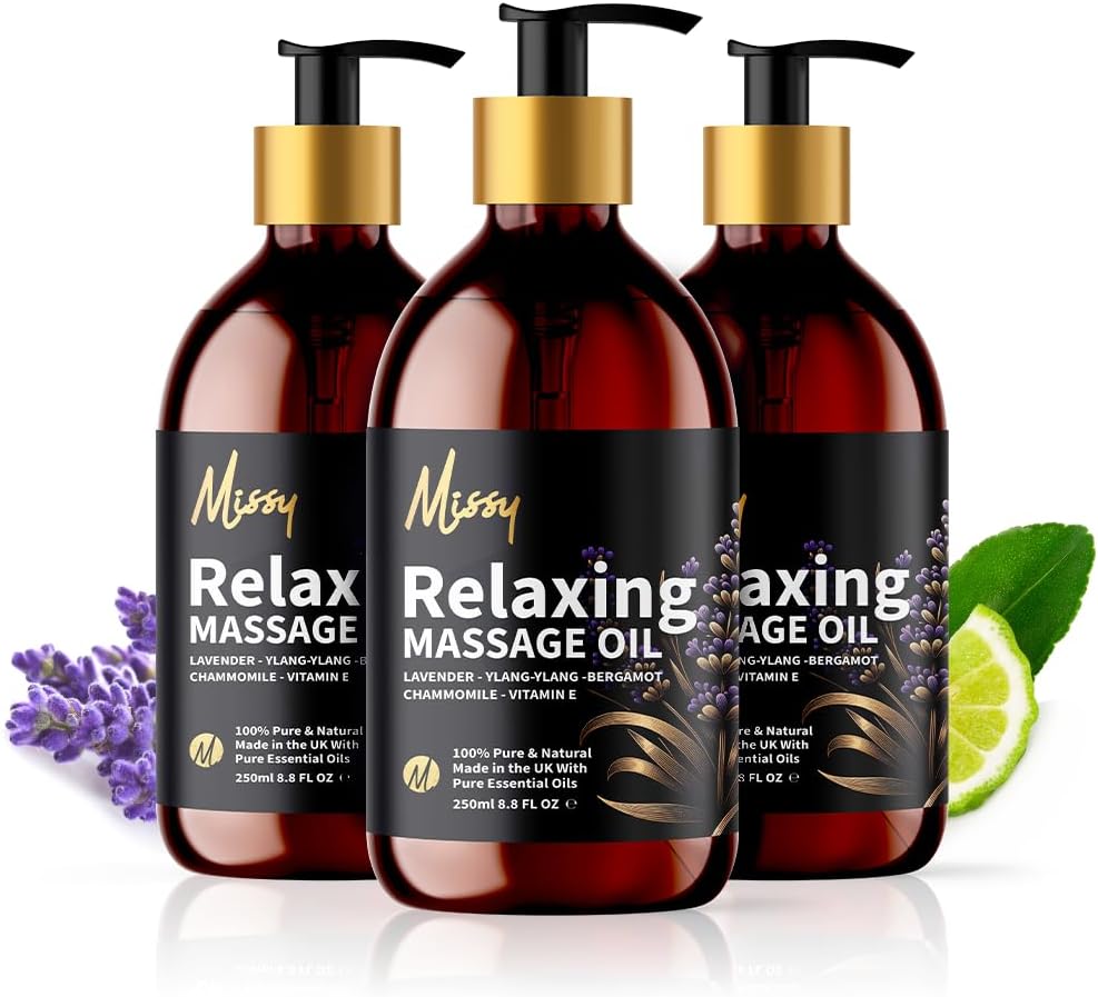 Relaxing Massage Oil by Missy - Luxurious Soothing Blend Massage Oil for Date Night with Lavender, Chamomile, Ylang Ylang & Bergamot, Enriched with Vitamin E, Lightweight Grapeseed Oil Base