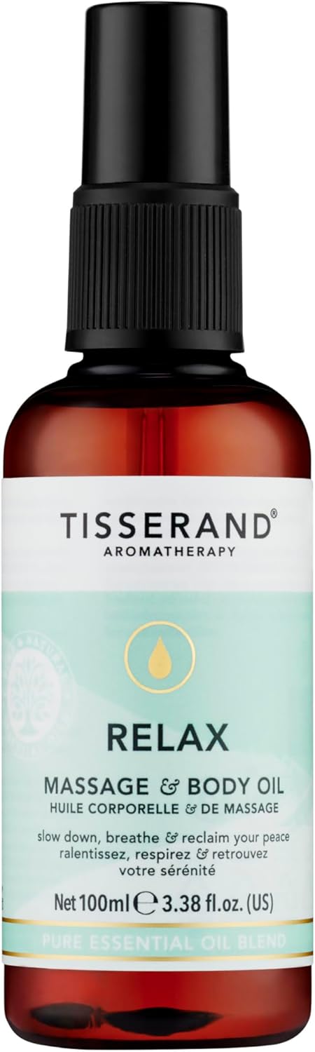 Tisserand Massage and Body Oil - Infused with Sweet Orange, Geranium, and Nutmeg Essential Oils - Total De-Stress - 3.38 oz