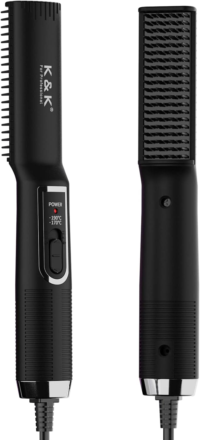 K&K Beard Straightener Combs for Men, Mini Ceramic Plate Electric Hot Mustache Comb PTC Heater 30s Fast Heat Multifunctional Women Short Hair Brush with 2 Temperatures Setting 0.8 Inch