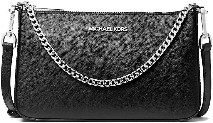 Michael Kors Jet Set Medium Chain Shoulder Bag Crossbody Bag Black Saffiano Leather Pouchette Silver tone, Black, Medium