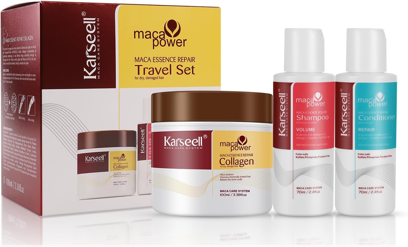 Karseell Collagen Hair Treatment Deep Repair Hair Care Set, Maca Essence Collagen Hair Mask Shampoo Conditioner Travel Set for Dry Damaged Hair All Hair Types 100ml/70ml/70ml