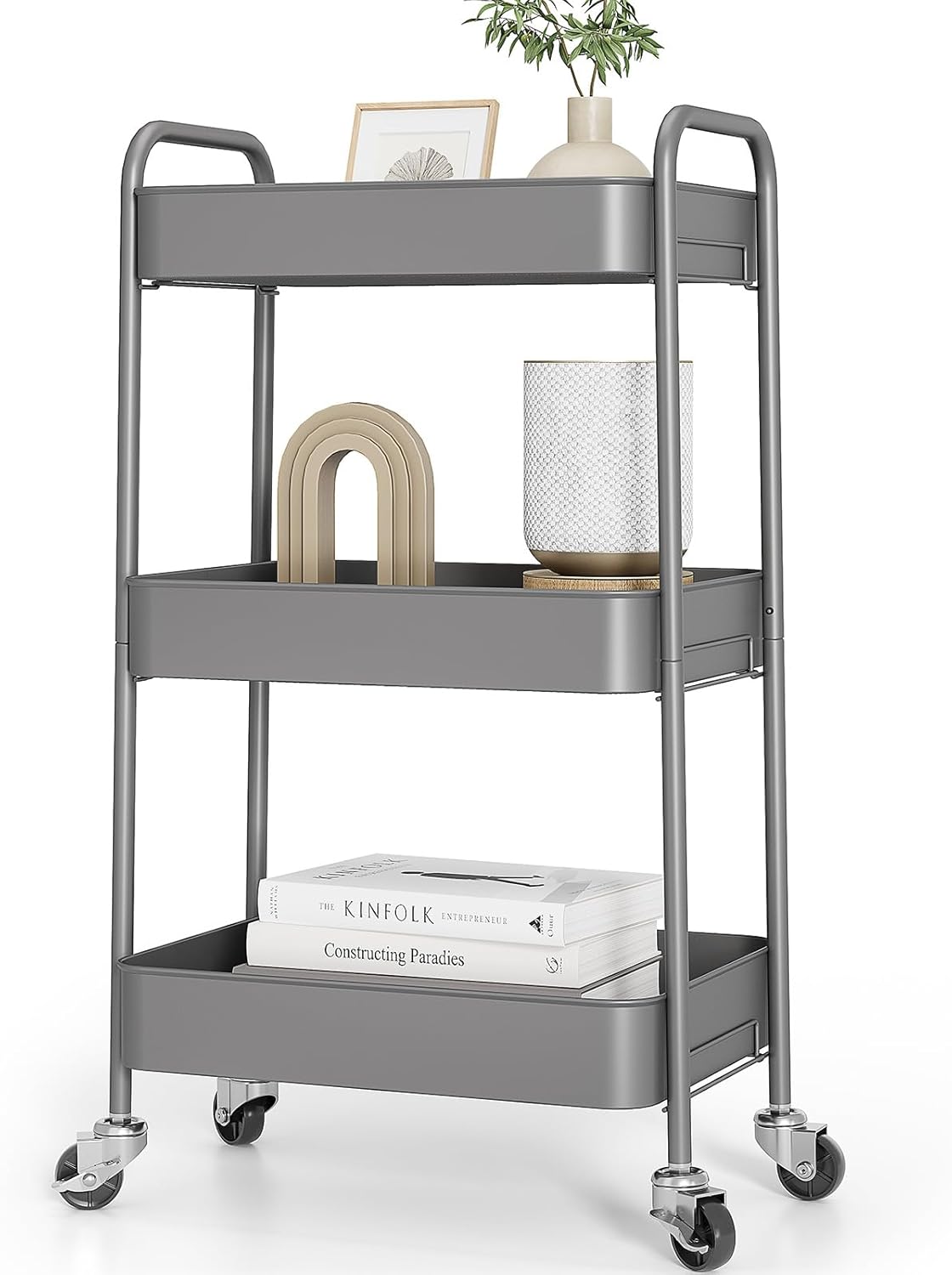 KINGRACK 3 Tier Metal Storage Trolley on Wheels, Beauty Book Craft Tea Art Trolley for Home Bathroom Kitchen Laundry, No screws needed Easy Rolling Utility Cart Mobile Storage Shelving Organizer