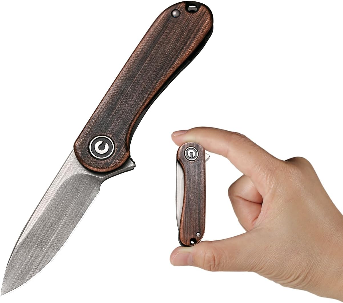 CIVIVI Mini Elementum Flipper Pocket Knife, Small Folding Knife with 1.83" 14C28N Blade, Copper and Stainless Steel Handle C18062Q-2