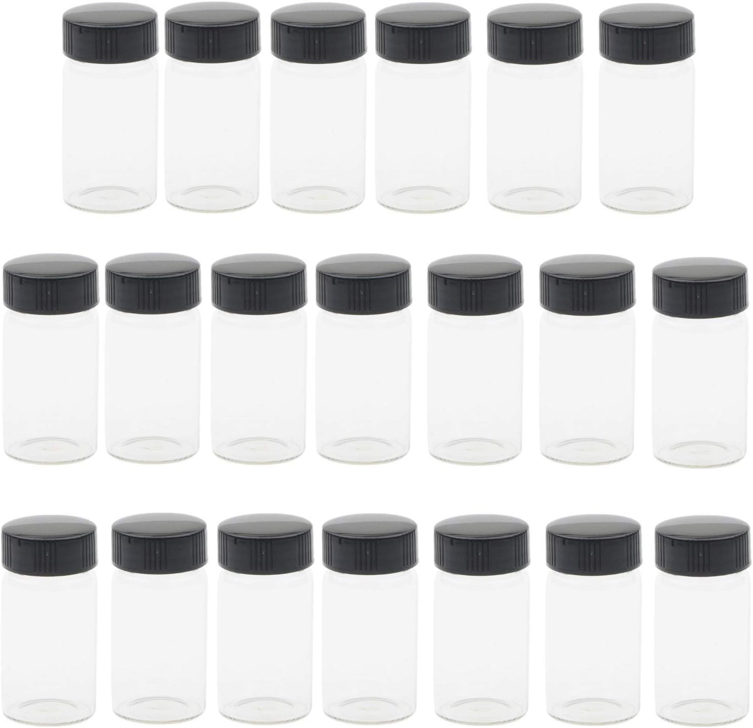KAHEIGN 20Pcs Clear Glass Vials, 20ml 2/3 Oz Sample Glass Bottles with Plastic Screw Black Cap Transparent Lab Vials Container