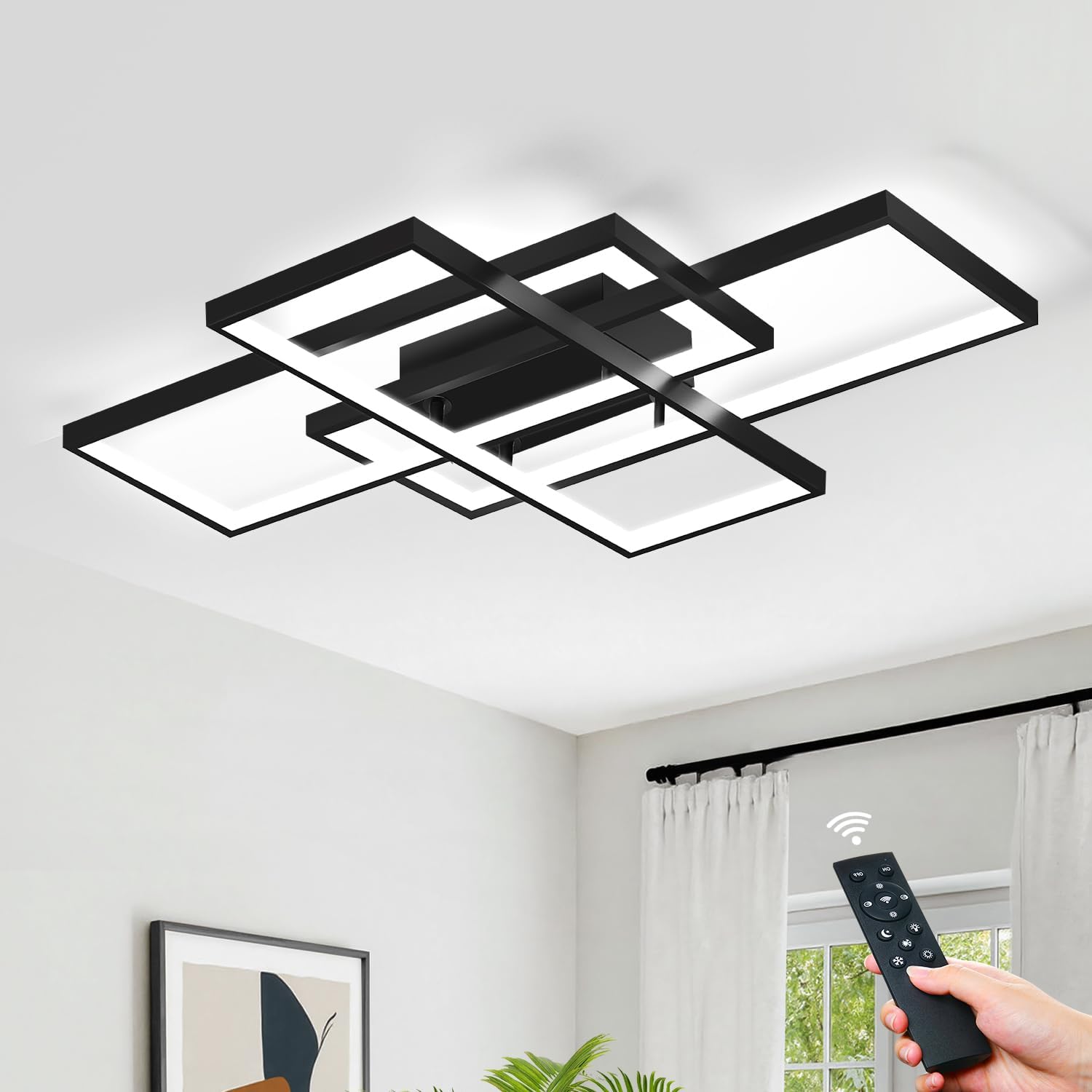 Modern LED Ceiling Light Fixture, 22" Dimmable Close to Ceiling Light with Remote Control Black Flush Mount Chandelier Lighting Fixture, 3 Square Ceiling Lights for Kitchen Bedroom Living Dining Room