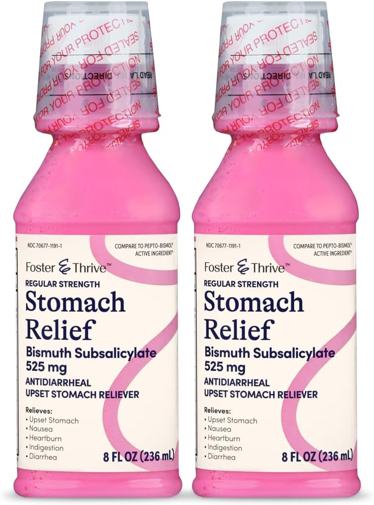 Foster & Thrive Stomach Relief Liquid for Nausea, Heartburn, Indigestion, Upset Stomach, Diarrhea - Fast Relief for 5 Symptoms, Antidiarrheal, Bismuth Subsalicylate 525 mg, Original, 8 oz (Pack of 2)