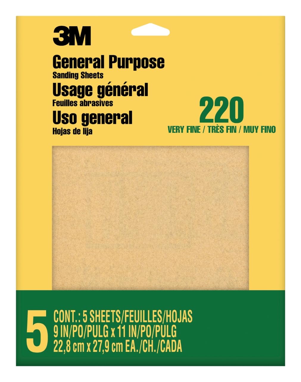3M Sandpaper, 220 Grit, 5 Sheets, 9 in x 11 in, Sands Paint, Wood & Metal, Great For General Purpose Sanding, Very Fine Aluminum Oxide Sand Paper (9000NA-20)