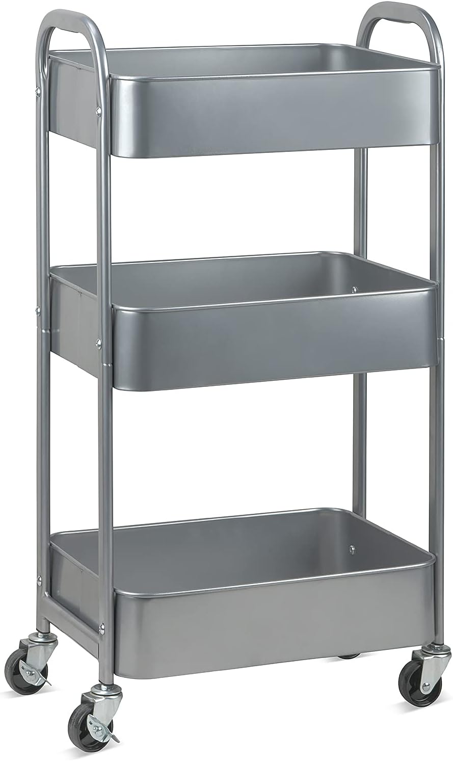 MAX Houser 3-Tier Kitchen Cart Multifunctional Rolling Utility Cart with Lockable Wheels, Storage Craft Art Cart Trolley Organizer Serving Cart Easy Assembly for Office, Bathroom,Kitchen(Silvery-Grey)