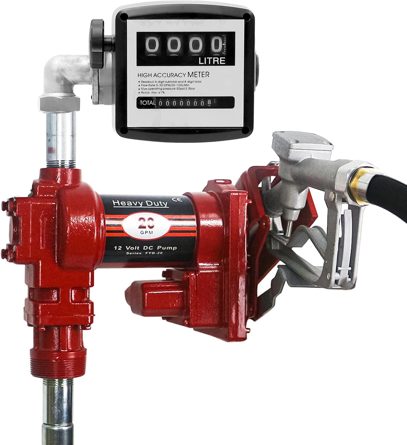 20GPM 12V DC Fuel Transfer Pump Gasoline Pump with Nozzle Kit for Gas Diesel Kerosene Red with Flow Meter