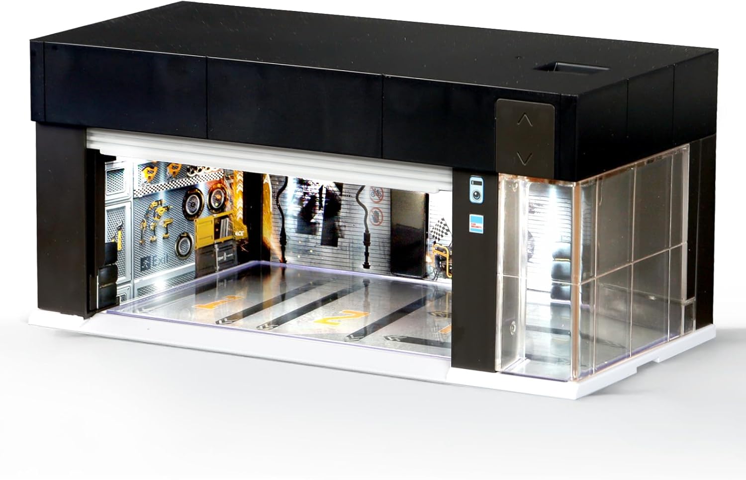 1/64 Scale Diecast Display Case for Hot Wheel Storage with LED Lights, Stackable Electric Garage with Voice Control, 3 Replaceable 3D Scenes Parking Lot Diorama for Model Cars (Black)