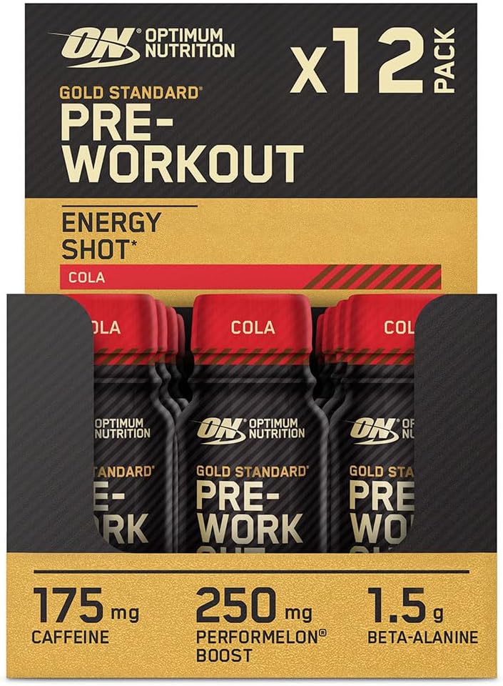 Optimum Nutrition Gold Standard Pre-Workout Energy Shot, Ready to Drink Food Supplement with Beta Alanine, Caffeine, PerforMelon Boost and Vitamin B6 and B12, Cola Flavour, 12-Pack, 12 x 60 ml