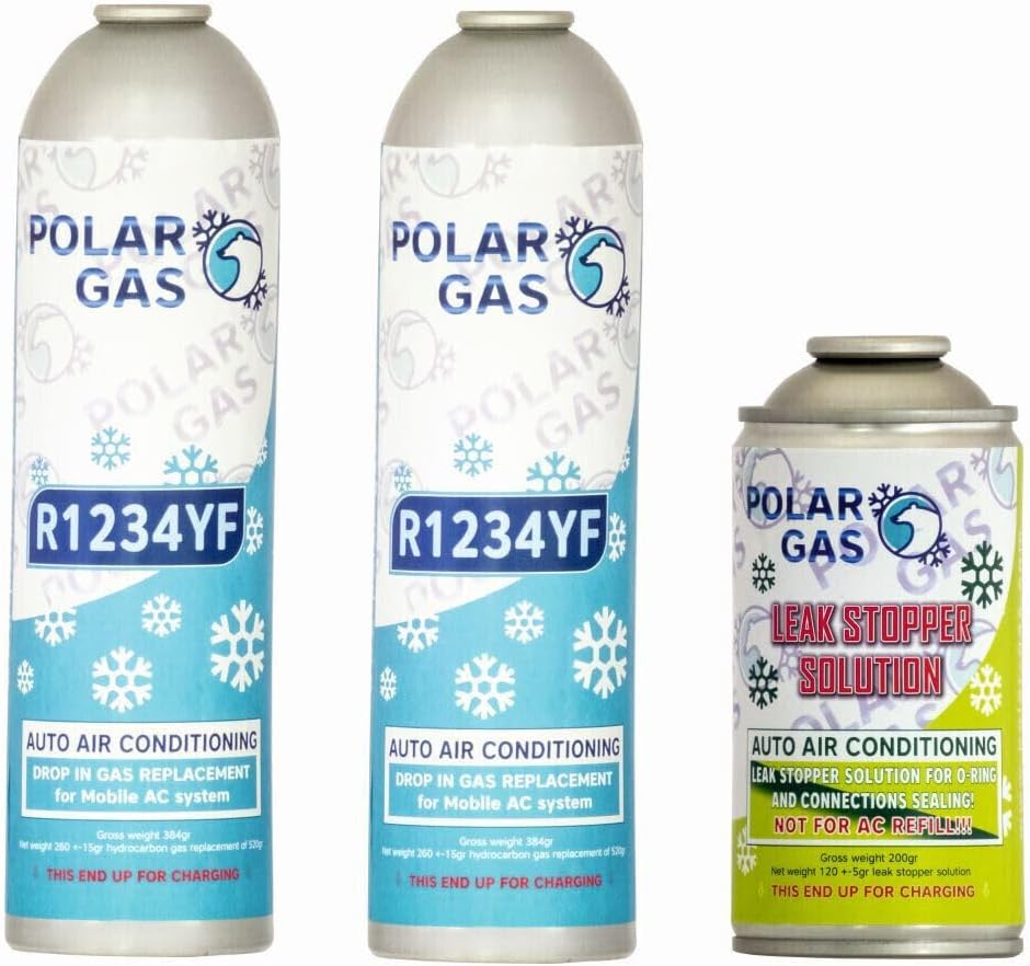 2KG1MA Car Aircon AC 2pc R1234yf Compatible Refill Recharge Regas Gas 444gr + Leak Stopper Repair Fix Sealer Stop DIY (2Regas + LS)