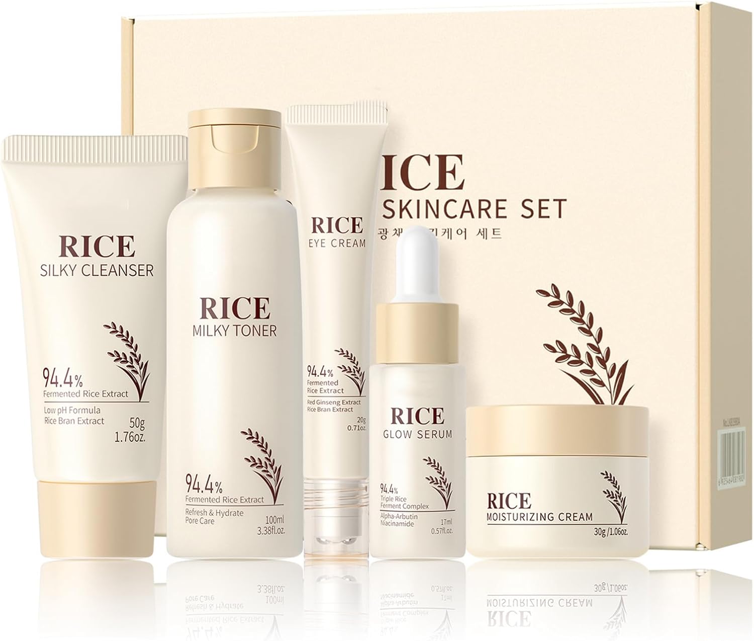 Korean Skincare Set,Glass Skin Care Gift Set,Rice Skin Care Sets & Kits -Rice Cleanser,Toner,Serum,Cream,Eye Cream,Facial Kit for Glowing Skin for Women,Rice Raw Pulp Beauty Gift Set for Women