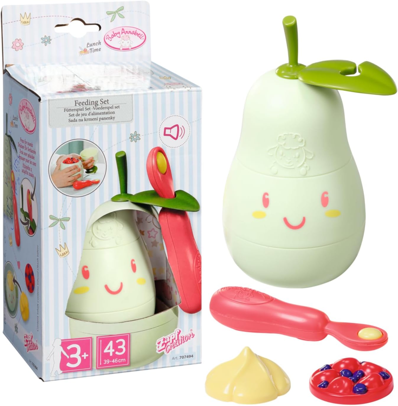 Baby Annabell Lunch Time Feeding Set 707494 - Pear-Shaped Feeding Lunch Box for 36cm and 43cm Baby Annabell - Require 3 LRAA (Included) - Suitable for Kids From 3+ Years