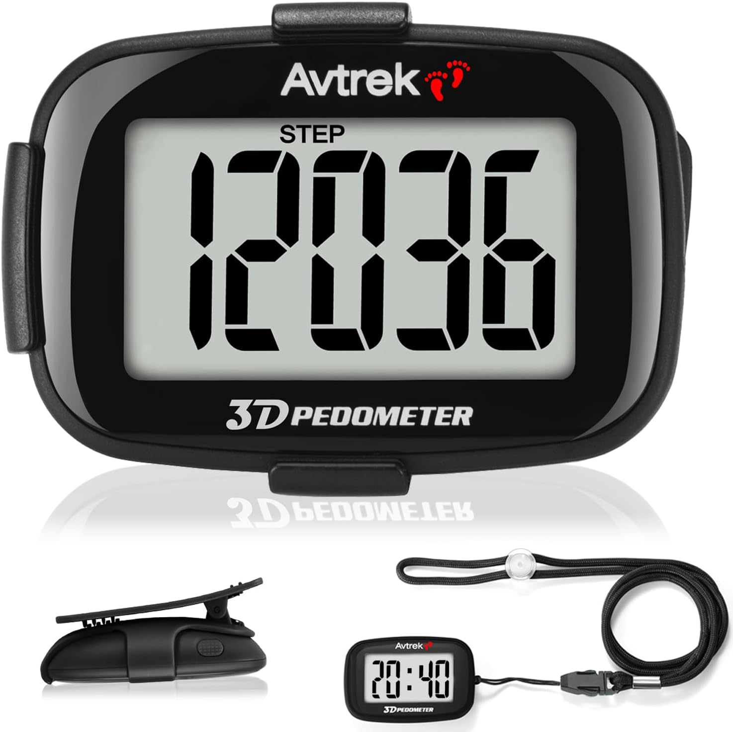 AVTrek Step Counter with Clip and Lanyard, 3D Pedometer with Time Display and LED Backlight, Simple Step Counter for Walking and Running, Men, Women, Elder