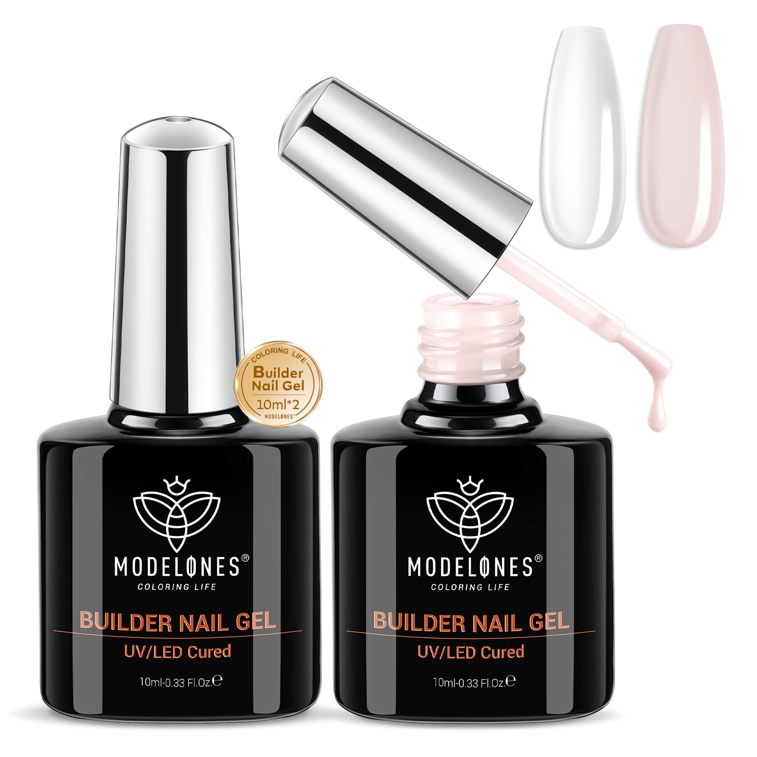 modelones Builder Nail Gel, 2 Pcs Clear and Cover Nude Gel Builder for Nails, 8-in-One LED Hard Gel Builder for Apex Building Nail Thickening Nail Strengthener Extension Gel Rubber Base Gel 10 ml