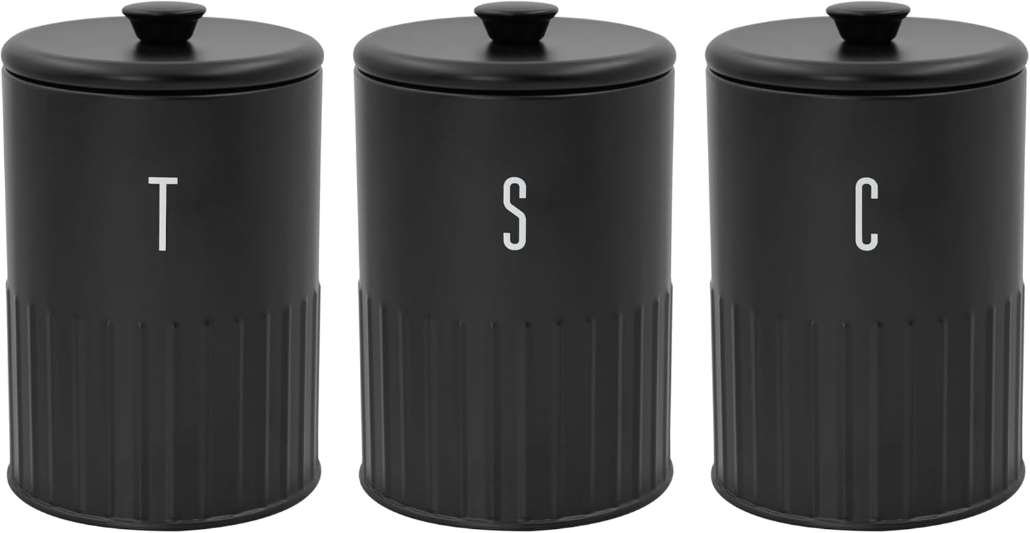 Blackmoor Callisto Black Tea, Coffee and Sugar Canisters Set for the Kitchen/Secure Lids for Freshness / 1.35L Capacity Containers Set/Ribbed Embossed Design