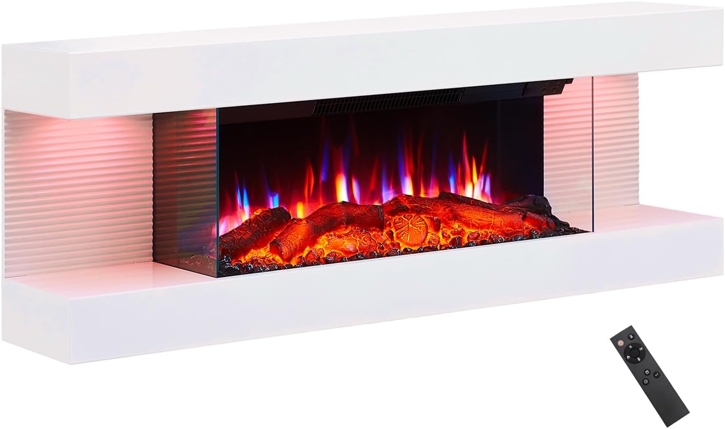 PuraFlame Alsa 44 Inch Wall Mounted Electric Fireplace All-in-One with Multi Ambient Light Colors, Remote, 1500W Heater, White