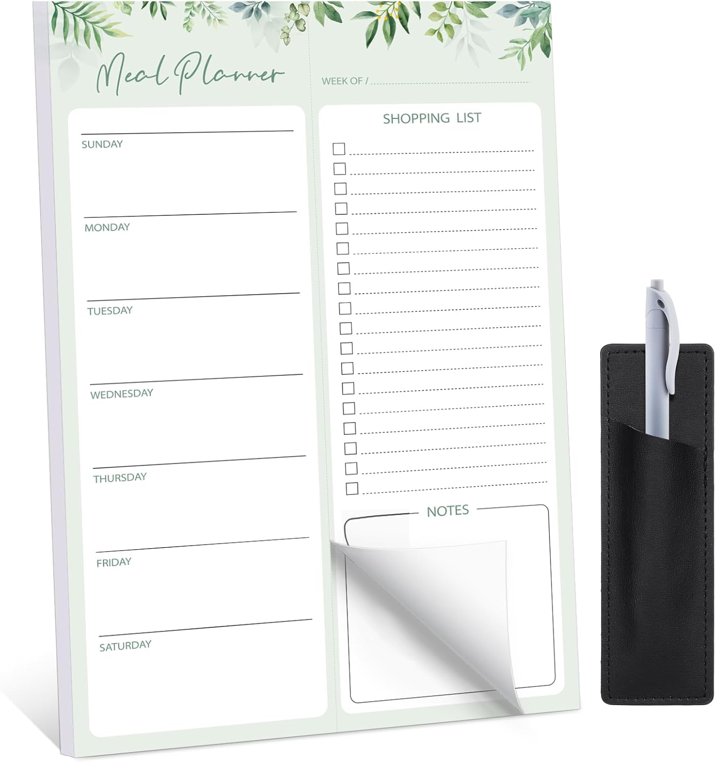 Meal Planner for fridge with Pen Holder, 60 Sheets 7x10'' Magnetic Grocery List Undated Weekly Meal Planner with Tear off Shopping List for Shopping, Green Leaf