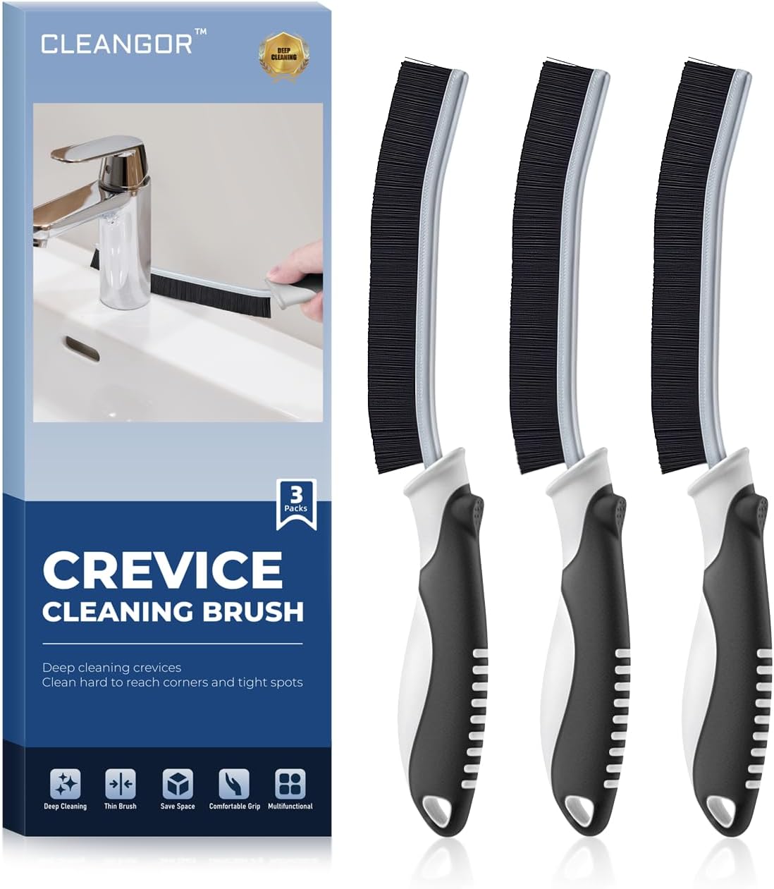 Cleangor Crevice Cleaning Brushes UK, Grout Cleaner Brush for Small Spaces to Reach, Magic Brush, Bathroom Accessory, Cleaning Tools, Cleaning Supplies for Shower, Toilet, Sink (3, Black)