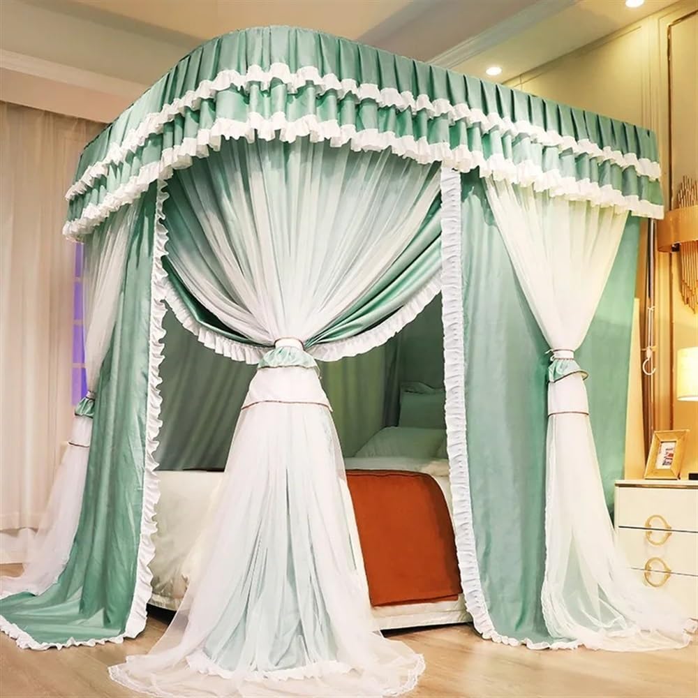 Solid Double Layer Canopy Bed Curtains, Bed Canopy Set with Ruffle, Netting 4 Opening Mosquito Net, U-Shaped Frame for Adults Bedroom Decoration(Green,W59 x L78.7in)