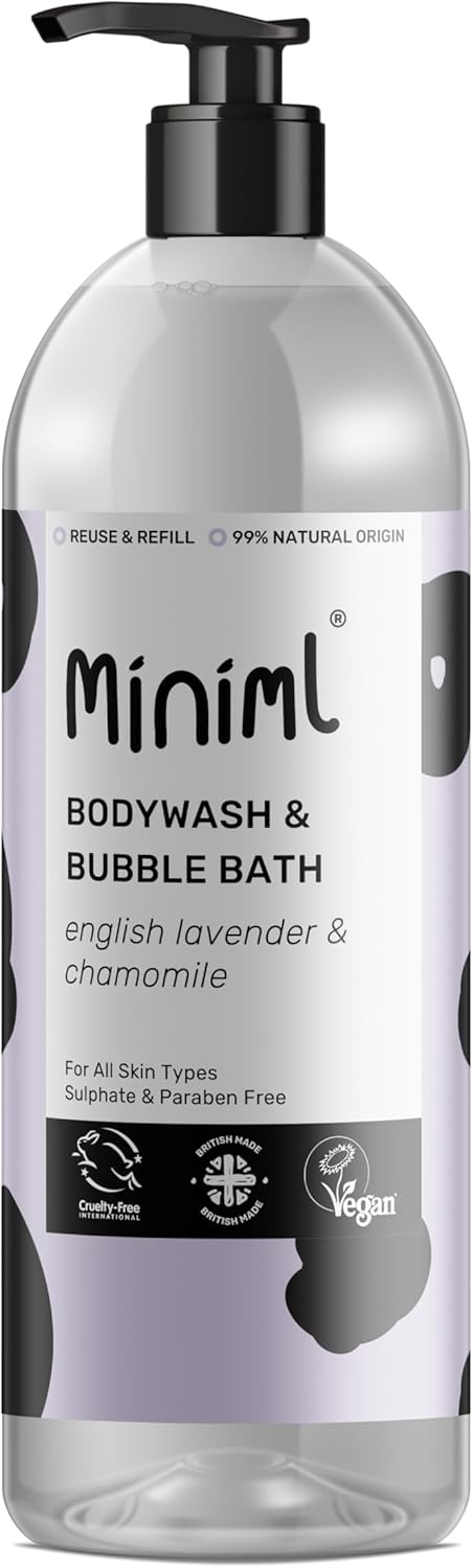 Miniml Natural English Lavender and Chamomile Body Wash and Bubble Bath - For all skin types - Hypoallergenic Dermatologically Tested - Sulphate and Paraben Free, Vegan and Cruelty Free - 1L Bottle