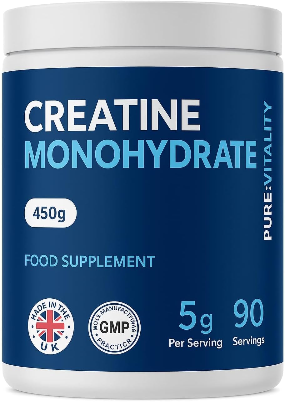 Pure Vitality | Creatine Monohydrate Powder - 450g - Easy Dissolve Creatine Powder, Unflavoured & Micronised | Vegan Creatine for Women and Men | Made in The UK | Scoop Included
