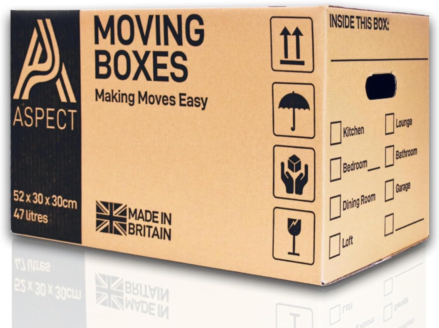 Aspect 10 Strong Large Cardboard Storage for Moving 52cm x 30cm x 30cm House Storage Packing Boxes With Lids Storage Boxes for Packing With Carry Handles - 47 Litres