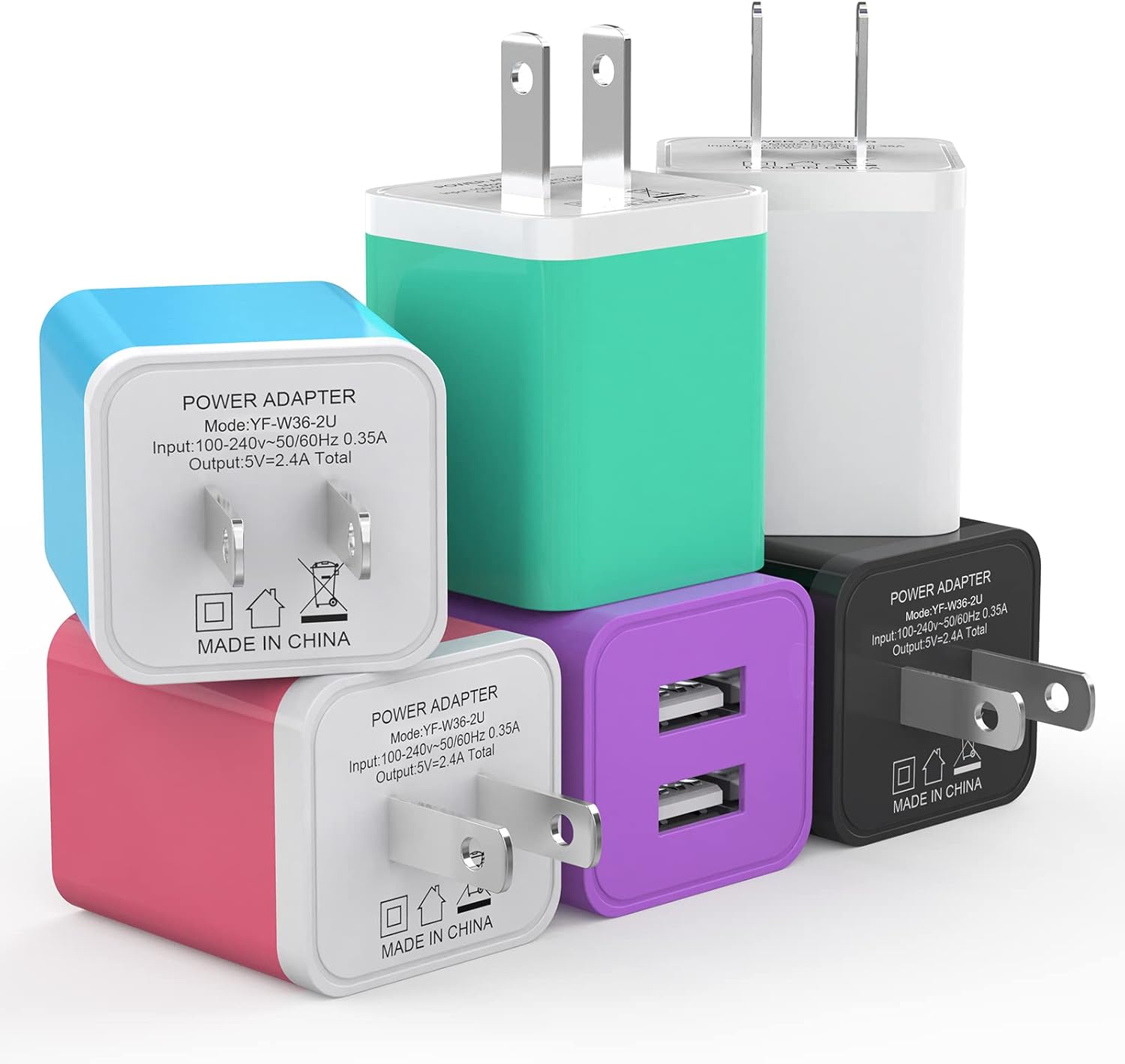 6Pack USB Wall Charger, iGENJUN 2.4A Dual USB Port Cube Power Plug Adapter Fast Phone Charger Block Charging Box Brick for iPhone 16/16 Pro/16 Pro Max/15, Samsung Galaxy, Pixel, LG, Android-Colorful