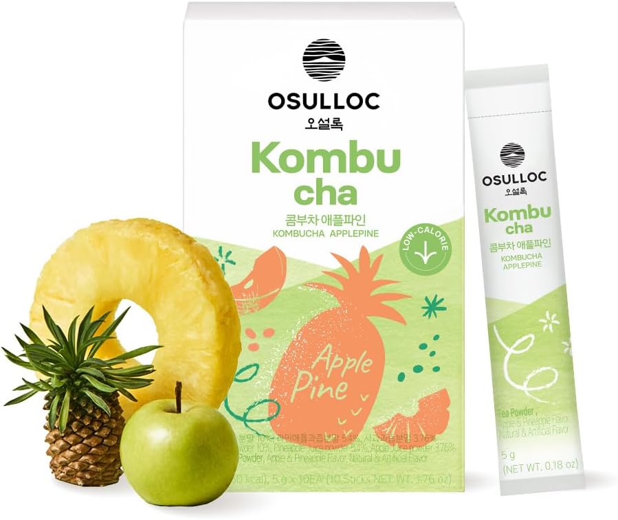 Osulloc Kombucha Tea ApplePine (Pineapple & Apple), Sparkling Powdered Mix Beverage, No added sugar, 10 Sticks, 1.76oz