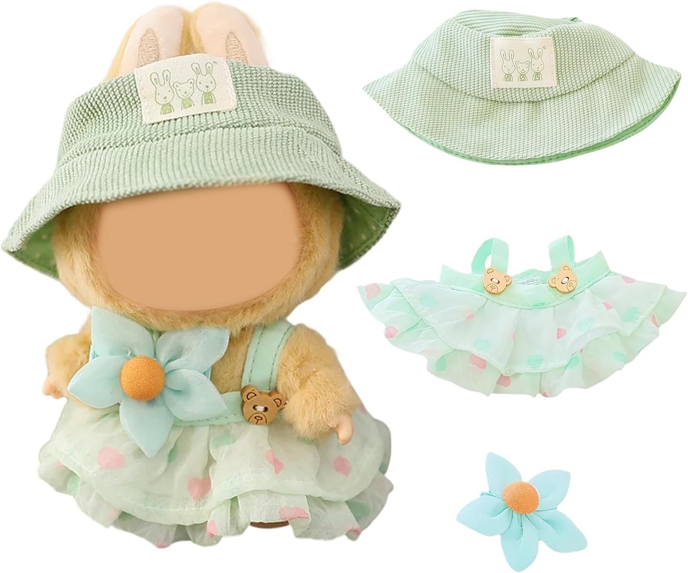 17 cm Doll Clothes Set, 3Pcs Doll Accessories for 6.7 inch Dolls Outfit, Includes Fashion Chic Hat, Dress, Flower Clip for Doll Lovers Outfits (Green)