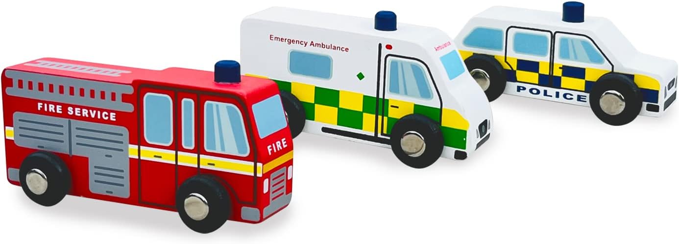 Indigo Jamm Emergency Vehicles, 3 Wooden Toy Emergency Service Car Set with Fire Engine, Ambulance and Police Car